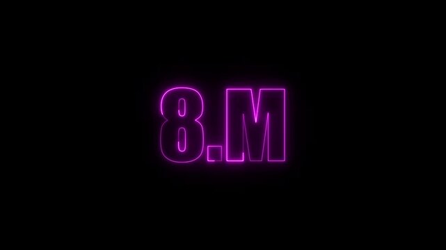8m eight million neon glowing cyan color text animation. Neon 8M text animation. on black background.