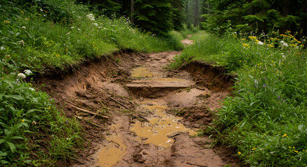 Muddy Footpath In Forest After Rainstorm Creates Difficult Hiking Condition