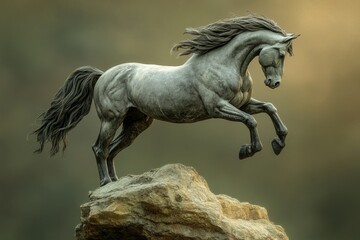 A majestic grey horse sculpture poised on a rock.