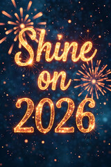 text="Shine On in 2026" - a celestial explosion of colors filling the night sky with fireworks and sparkling constellations. Vintage display font "Copperplate", 48 pt, perfectly centered with generous
