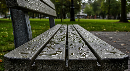 Wet Park Bench After The Rain In Tranquil Greenery Environment