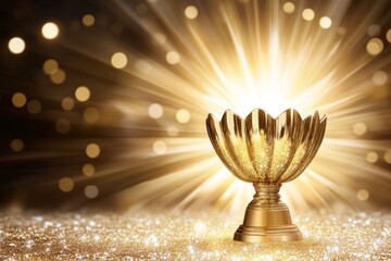 Golden Trophy Award Burst Light - A gleaming gold trophy sits on glittering surface, bathed in radiant light. Symbolizing achievement, success, victory, recognition, and excellence