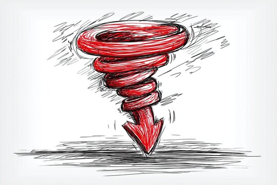 Stylized red tornado arrow pointing downward sketched in sketchy illustrative style on white