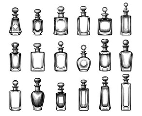 Collection of Vintage Engraved Perfume Bottles, Black and White on White, Luxury Fragrances