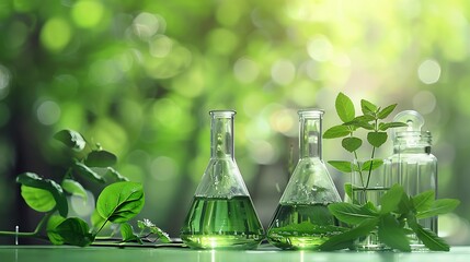 Green Science Photo Of Natural Plant Extracts In Laboratory Glassware