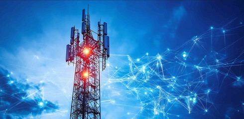 An illustration of an advanced cell tower with visible network connections symbolizing the connection between all communication devices and modern technology The background is a blu
