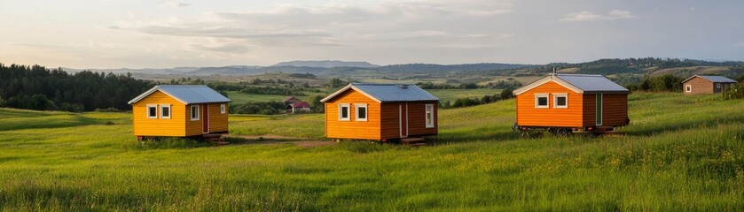 Obraz premium Tiny House Village Orange Cabins on Wheels in Grassy Field, Landscape, Retreat , Cabins