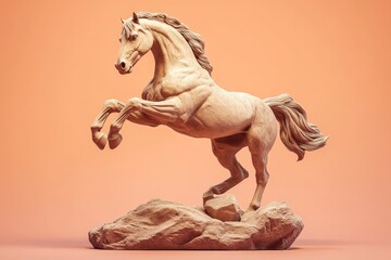 A detailed digital sculpture of a leaping horse atop rocks.