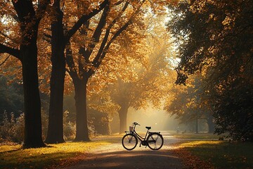 Fototapeta premium bicycle parked on path surrounded by tall trees in park, with golden sunlight streaming through leaves, creating serene and refreshing atmosphere