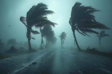 Lowangle view of palm trees bending nearly horizontal under hurricane wind leaves torn sky filled with grey haze and debris flying by