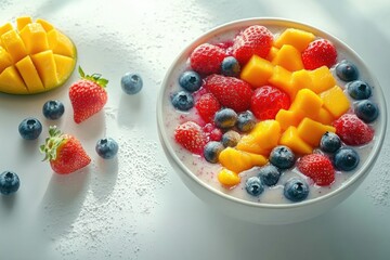 A vibrant smoothie bowl brimming with fresh mango, strawberries, and blueberries, a healthy and delicious breakfast.