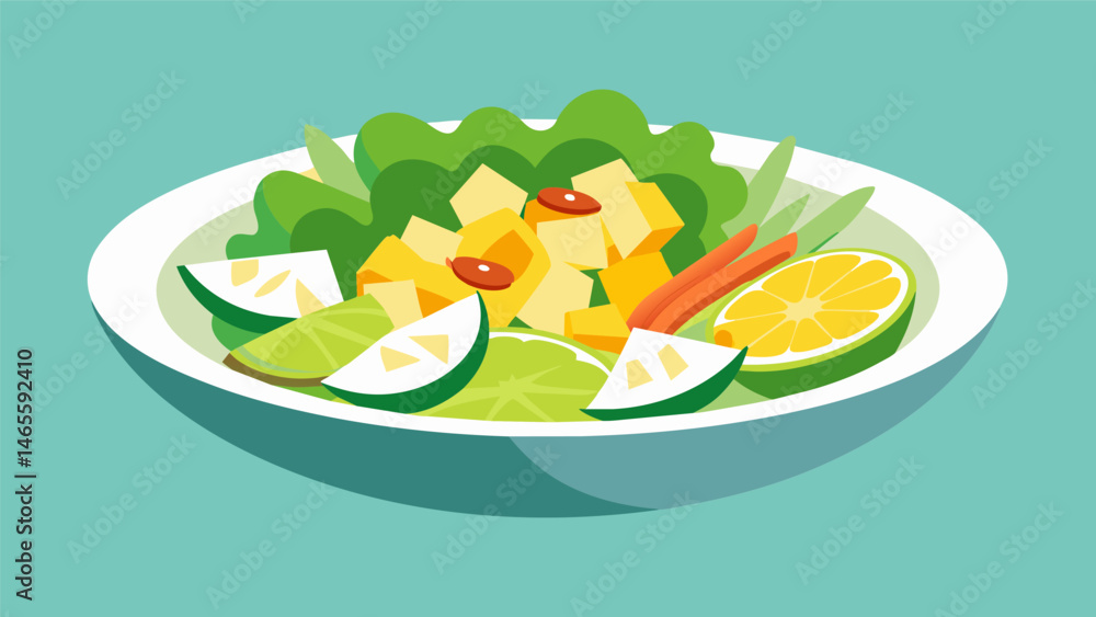 Poster A light and refreshing salad of jicama mango and cucumber dressed with a tangy lime vinaigrette.. Vector illustration