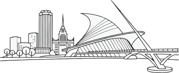 A minimalist line drawing of the Milwaukee skyline.