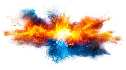 Vivid explosion of orange and blue powder, cut out transparent