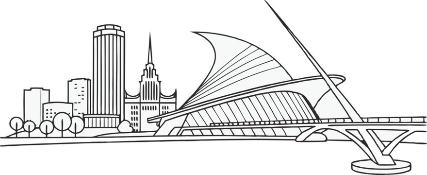 A minimalist line drawing of the Milwaukee skyline.