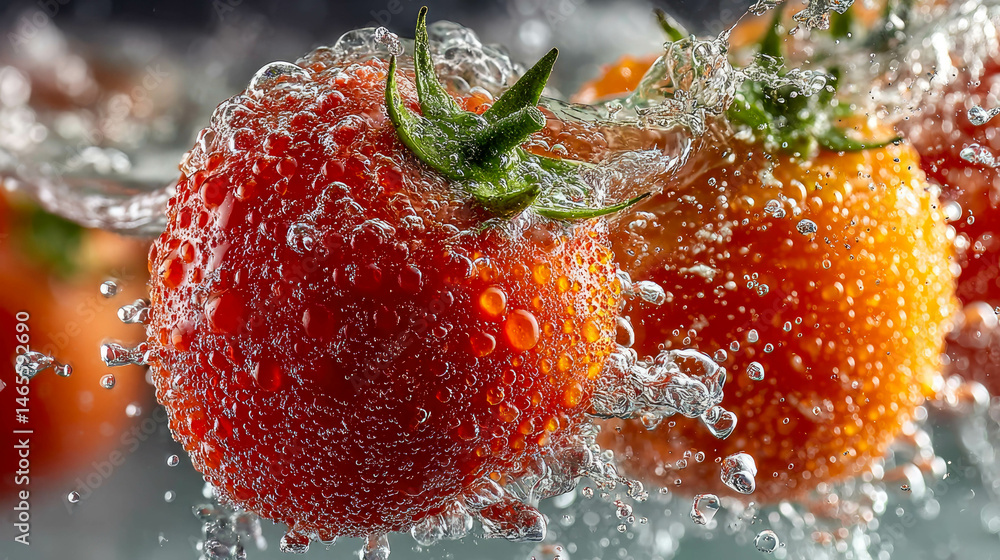 Poster fresh red tomatoes splashing in water, with vibrant droplets frozen in motion for a dynamic and refr