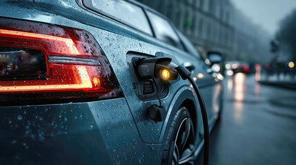Obraz premium Electric car charging in the rain, symbolizing sustainability, technology, and the future of transportation