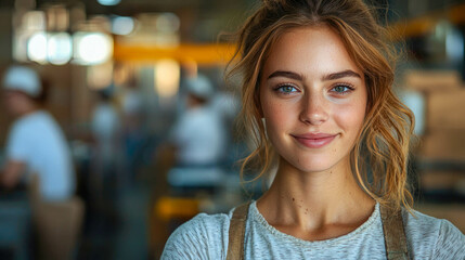 Obraz premium Confident young woman smiling with a warm expression in a blurred work environment