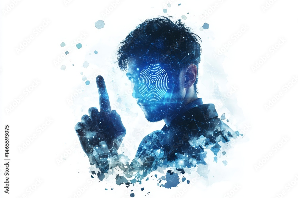 Poster identity: future of authentication - abstract of a person with a fingerprint scan overlay, symbolizi