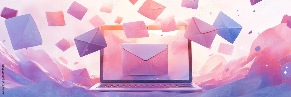Poster inbox overflow - a laptop screen displays a large email, with smaller emails floating around it, cre