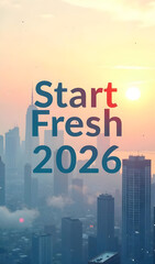 text="Start Fresh 2026" on a minimalist cityscape background with subtle morning mist and a backdrop of dawn breaking over skyscrapers. Modern sans-serif font, 48 pt, centered with tight spacing and a