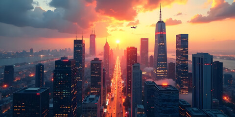 Fototapeta premium Scene Composition: A busy, metropolitan city background with a blend of glass, concrete, and steel structures; incorporating neon city lights, a silhouetted aircraft soaring in the sky, and strategic