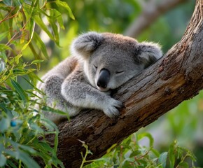 Wild Koala Sleeping On Eucalyptus Tree in Australia in the wild