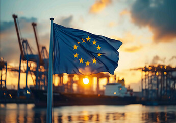 EU flag flying in front of an industrial port at sunset The American flag is centered and waving with the sun setting behind it creating long shadows on cranes and silhouettes again