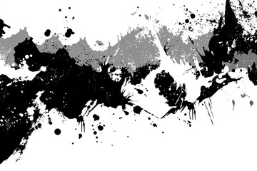 Fototapeta premium Abstract splash art featuring black and grey paint splatters and drips across white canvas background