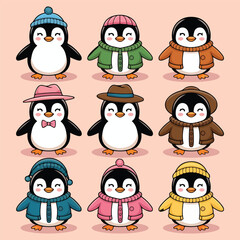 Cartoon Penguin Characters in Winter Outfits – Cute Vector stickers Set
