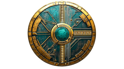 Futuristic shield emblem, metallic turquoise and gold, cut out transparent