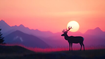 Majestic Elk at Sunset - Silhouette of an elk standing majestically against a vibrant sunset backdrop, mountains in the distance. Serene and peaceful nature scene