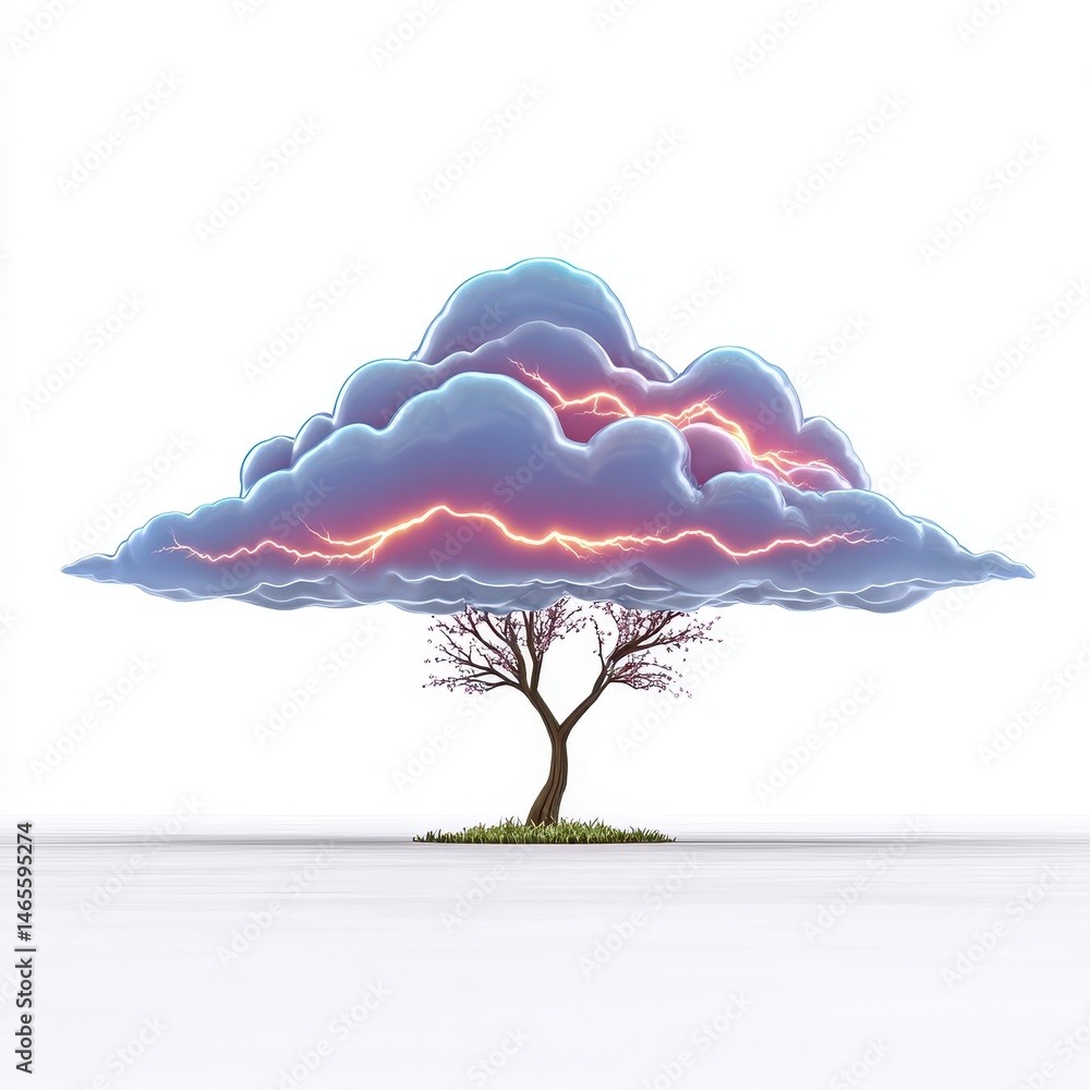 Poster a stylized 3d rendering of a tree with a cloud shaped canopy illuminated by warm and cool light. the