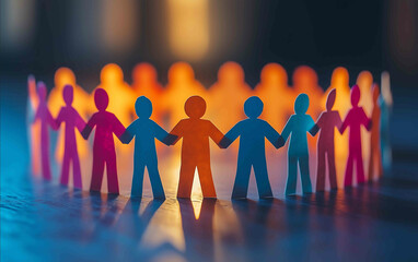 Paper cutout people of different colors standing in a circle representing the concept of community and social life The background is blurred to emphasize the paper figures The color