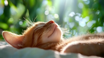 Obraz premium Sleeping Cat Enjoying Sunlight with Green Background