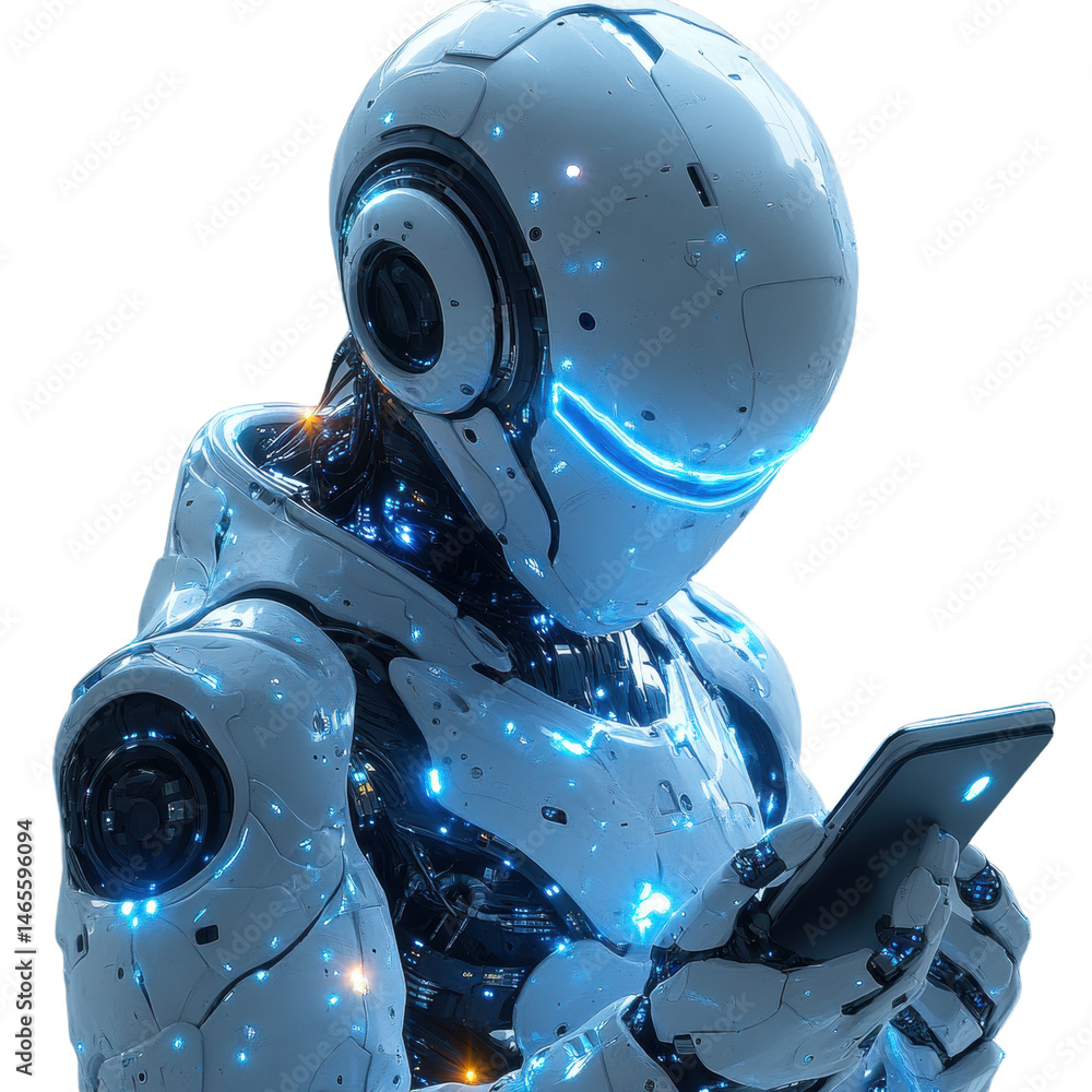 Poster robot using phone isolated on transparent background