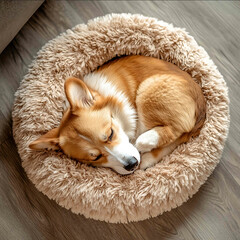This photo was shot from a top down perspective There is a light brown round dog bed that is fluffy and soft An adorable corgi is asleep with its head resting on the dog bed The bac