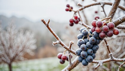 Frost-covered bunches of red and purple grapes hanging on bare vine in winter orchard, cold morning in vineyard landscape