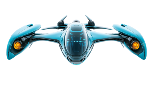 Turquoise advanced transport, futuristic drone aircraft, cut out transparent