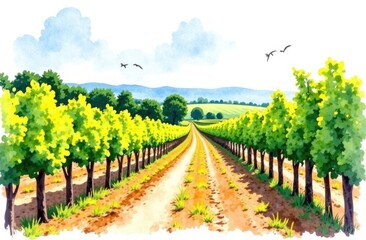 Fototapeta premium Rural landscape with vineyard and mountain and sea panoram