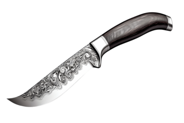 Custom engraved hunting knife with wooden handle, cut out transparent