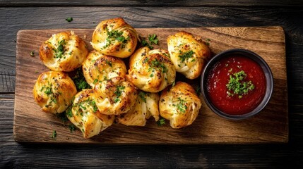Delicious garlic knots served with marinara sauce and fresh parsley on a wooden board