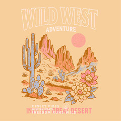 Wild west desert. Desert t-shirt design. western hearts. slogan text prints. desert cowgirl and cowboy cap head. summer prints. cactus mountain graphics. girls  boys men's women's graphic design.