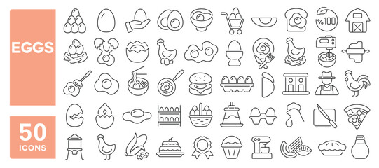 Set of 50 line icons related to eggs, omelet, boiled, nest, eggshell, yolk, chicken egg, Editable stroke. Vector illustration