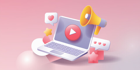 Laptop with play button, megaphone, hearts, and stars on pink background, symbolizing online video marketing and social media promotion, ideal for Valentine's Day campaign