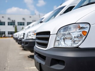Row of new white commercial vans parked, ready for delivery or fleet use.