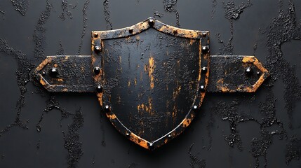 Fototapeta premium Heavily Textured And Aged Metal Shield Photo On Dark Background With Mounts