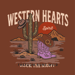 desert t-shirt design. girls  boys men's women's graphic design. western hearts, ride the horizon slogan text prints. desert cowgirl and cowboy cap head. desert cactus mountain graphics