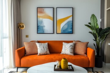 Modern Orange Sofa Living Room Decor - Stylish orange sofa with abstract art, plants, and warm-toned pillows in a contemporary living room