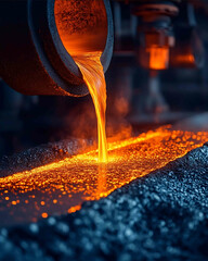 In the steel factory hot glowing iron sheets are being filled with raw materials to make slabs and beams for construction projects The scene captures the intense heat of industrial